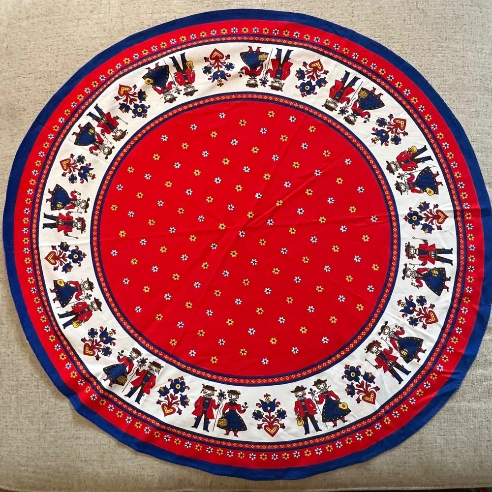 Vintage Kolf Scandinavian Folk Art Round Tablecloth Red Blue 100% Cotton 33.5 in